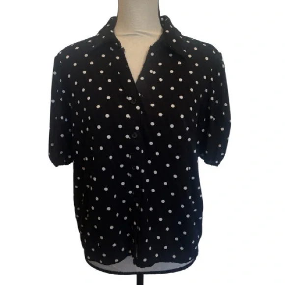Adrianna Papell Black Polka Dot Puff Sleeve Button Up Women's Top Large - Picture 2 of 4
